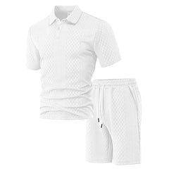 HEARUJOY - Men's Summer New Jacquard Casual Sport Thin Lapel POLO Shirt Short-sleeved and Short-shorts Set