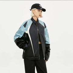 HEARUJOY - Men's Motorcycle Leather Jacket Color Block Racing PU Leather Coat Women Spring New Zip Up Stand Collar Hip Hop Street Outwear