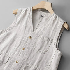HEARUJOY - Casual Men Loose Linen Cotton Vest Japanese Retro Sold Color Multiple Pockets Workwear Sleeveless Top V-neck For Male