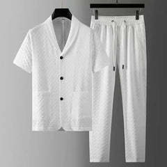 HEARUJOY - 2Pcs Set Summer Men Casual Sports Suit Fashion Geometry Pattern Man Short Sleeve Blazer Shirt Top+Pants Business High End Outfit