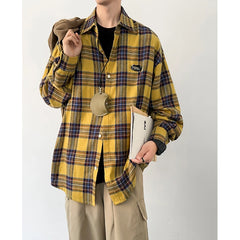 HEARUJOY - Autumn Long Sleeved Shirt Men Oversized Retro Casual Shirt Men Japanese Streetwear Loose Plaid Shirt Mens Vintage Shirts M-3XL