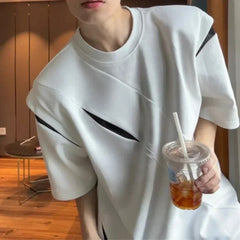 HEARUJOY - Brand New Shirt Fashion High Street Top Casual Summer Outfits Black Irregular Pattern O Neck Style Regular Length