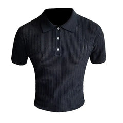 HEARUJOY - Summer Men's Clothing Luxury Hollow Out Knitted Polo Shirt Retro Solid Color Short-sleeved Korean Popular Knitwear Leisure Tees