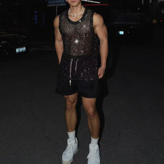 HEARUJOY - Mens Vest Mesh Sequins Sexy Nightclub Tank Top Summer Fashion Hollow Stage Performance Sleeveless Top Men'S Clothing 2025 New