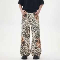 HEARUJOY - High Street Retro Jeans Mens Washed Old Leopard Print Full Print Cowboy Trousers Hip Hop Straight Wide Leg Denim Overalls Summer