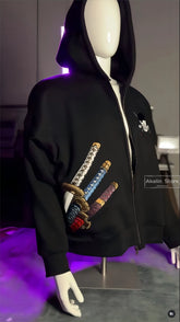 Hearujoy Harajuku Zoro Knife Print Hoodies Women Streetwear Vintage Oversized Zip Hoodie Y2k Top Sweatshirt Tracksuit Casual Men Clothing