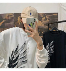 HEARUJOY - Dark Feather Wings Printed Round Neck Sweater Men's Fall Plus Size Plus Size Loose Pullover Versatile Top