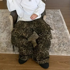 Hearujoy Tan Leopard Cargo Pants Men Y2K Parachute Oversize Wide Leg Trousers Male Streetwear Hip Hop Harajuku Animal Print