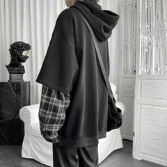 Hearujoy Fake Two Piece Plaid Patchwork Black White Oversize Harajuku Korean Fashion Casual Hoodie Long Sleeve Autumn Men Sweatshirt