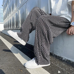 Hearujoy Summer Ice Silk Pants Men Oversized Retro Plaid Pants Men Japanese Streetwear Loose Wide Leg Pants Mens Pleated Trousers M-5XL