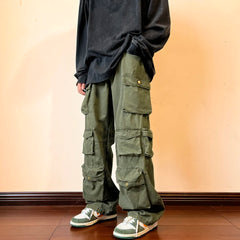 Hearujoy Cargo Pants Multi-pockets Tooling Pant Harajuku Men's Vintage Loose Wide Leg Pants Streetwear Casual Hip-hop Mopping Trousers