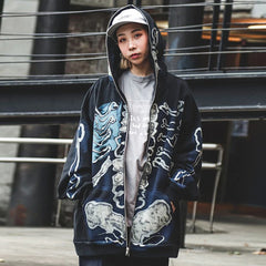 Hearujoy Cactus Jack Fashion Skull Skeleton Hoodie Zip Up Plush Hoodie Cardigan Kanye Oversized Zipper Hoodies Y2k Men Black Clothes