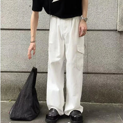 HEARUJOY - Big Pocket White Mens Cargo Pants Loose Straight Tube High Street Trousers Solid Simplicity Trend Wide Legs Overalls