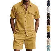 HEARUJOY - New Summer Men's Corduroy Solid-color Pocket Short-sleeved Shirt and Casual Shorts Two-piece Set