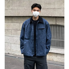 HEARUJOY - American Trendy Tooling Mens Jackets Vintage Solid Distressed Bomber Coats Patchwork Zipper Pocket High Street Short Outwear