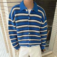 HEARUJOY - Vintage Striped Crochet Mens Sweater Jackets Casual Button-up Turn-down Collar Knit Cardigans Men Spring Autumn Fashion Sweaters