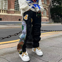 Hearujoy Harajuku Fashion Embroidered Patches Straight Denim Pants Hip Hop Washed Torn Jeans Black Blue Patchwork Y2k Jeans Baggy Men