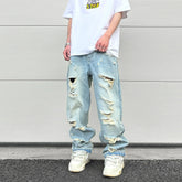 Hearujoy Washed Blue Oversized Torn Jeans for Men Streetwear Hip Hop Large Destroyed Wide Leg Jeans Baggy Straight Ripped Denim Pants