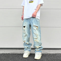 Hearujoy Washed Blue Oversized Torn Jeans for Men Streetwear Hip Hop Large Destroyed Wide Leg Jeans Baggy Straight Ripped Denim Pants