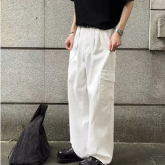 HEARUJOY - Big Pocket White Mens Cargo Pants Loose Straight Tube High Street Trousers Solid Simplicity Trend Wide Legs Overalls