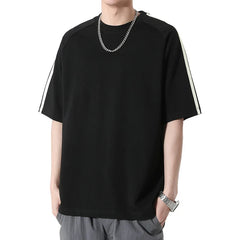 HEARUJOY - Summer Casual Striped Short Sleeved T-shirt Men's Fashion Oversized Patchwork Tshirts Solid Loose Half Sleeve Hip Hop Tee Top