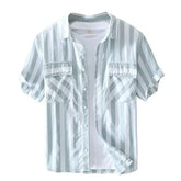 HEARUJOY - Man Shirt Short Sleeve Green Striped with Pocket Fashion 2025 Korean Style Slim Fit Sleeves Original Silk Collar Shirts for Men