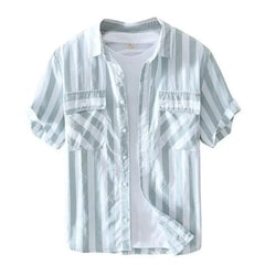 HEARUJOY - Man Shirt Short Sleeve Green Striped with Pocket Fashion 2025 Korean Style Slim Fit Sleeves Original Silk Collar Shirts for Men