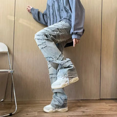 HEARUJOY - Y2K Streetwear Washed Blue Baggy Stacked Jeans Pants For Men Clothing Straight Old Hip Hop Denim Trousers Pantalones Hombre