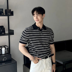 Hearujoy Summer Men's Clothing Light Luxury Knit Polo Shirt Korean Striped Short Sleeve Retro Breathable Fashion Leisure V Neck Knitwear