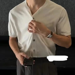 HEARUJOY - Men's Solid Color Knitted Cardigan Short-Sleeved Shirt American Retro Fashion Trend Street Loose Breathable Niche Men's Tops