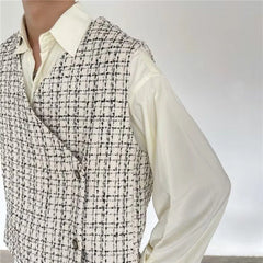 Hearujoy Mens Autumn French Style Outer Plaid Vest New Fashion Elegant Retro Casual Loose Comfortable Simple Side Placket Short Vest