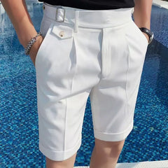 HEARUJOY - Fashion Summer Men British Style Naples Suit Shorts Smart Casual Paris Waist Buckle Button Knee Length Pants Shorts Streetwear