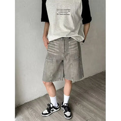 HEARUJOY - American Mens Summer Denim Shorts Trendy Retro Multiple Pockets Punk Mid Pants Tooling Loose Cowboy Five Quarter Pants Male