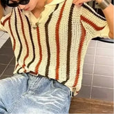 HEARUJOY - Men's Summer Fashion Striped Color Block Openwork Knit Polo Shirt Casual Short Sleeve Thick Needle Top