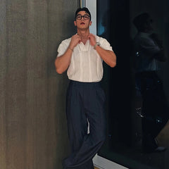 HEARUJOY - Men's Clothing Luxury Korean Popular Hollow Out Polo Shirt Leisure V Neck Short Sleeve Solid Color Retro Streetwear Knitwear