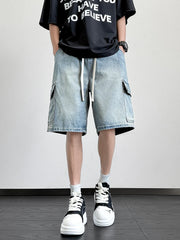 HEARUJOY - Summer Denim Shorts Men Korean Fashion Wide Leg Straight Jean Short Male Multi-Pocket Loose Fit Denim Cargo Shorts