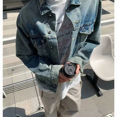 HEARUJOY - High Street Washed Denim Jacket Mens Trends New Spring Streetwear Single Breasted Casual Hip Hop Coats Loose Cowboy Outwear