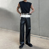 Hearujoy Mens Genderless Biker Black White Spliced Leather Pants Sexy Nightclub Contrast Color High Waisted Straight Leg Leather Pants