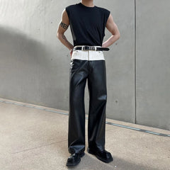 Hearujoy Mens Genderless Biker Black White Spliced Leather Pants Sexy Nightclub Contrast Color High Waisted Straight Leg Leather Pants