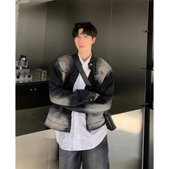 HEARUJOY - Autumn Denim Set Men Denim Jacket +Wide Leg Straight Jeans Casual Loose Solid Color Korean Style Street Stand Collar 2pcs Suit