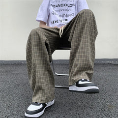 Hearujoy Summer/Autumn Plaid Pants Men Loose Casual Straight Trousers for Male/Female Harajuku Hip-hop Streetwear Wide-leg Mopping Pants