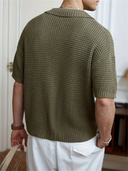 HEARUJOY - Men's Short Sleeve Polo Collar Knitted Shirt Cardigan Summer Fashion Retro Light Soft Breathable Casual Lapel Knitwear Shirt Top