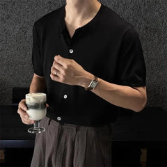 HEARUJOY - Men's Solid Color Knitted Cardigan Short-Sleeved Shirt American Retro Fashion Trend Street Loose Breathable Niche Men's Tops