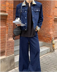 HEARUJOY - New Grid Retro Denim Two-piece Set Mens Lapel Color Blocking Street Cowboy Coats+Wide Leg Jeans Suits Hip Hop Trend Sets Unisex