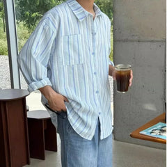 HEARUJOY - New Japanese Vintage Men Striped Shirts Luxury Casual Trendy Long Sleeve Cardigan Tops Fashion Leisure Macaron Sunscreen Blouse