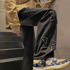 Hearujoy Hip Hop Baggy Star Men's Jeans Retro Loose High Quality 2024 Trend Trousers Grunge Y2k Straight Man Cowboy Pants Light Blue Kpop