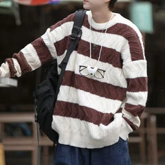 HEARUJOY - Men Trendy Striped Simple Casual Streetwear All Match Knitted Sweater Korean Youth Round Neck Long Sleeve Oversize Pullover Tops