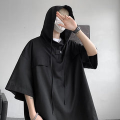 Hearujoy 5 Colors Summer Hooded T shirt Men Korean Half Sleeve Pullover Streetwear Loose T-shirt Tops Drawstring Men Clothing 5XL-M