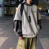 Hearujoy Hoodies men fake two-piece sweatshirt autumn stitching Korean loose contrast color hooded long-sleeved black white gray design