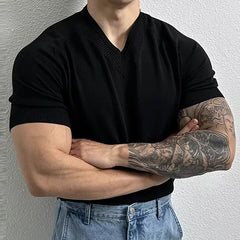HEARUJOY - Men's Clothing Light Luxury Knit V Neck Short-sleeved T Shirt Solid Color Leisure Korean Popular Streetwear Retro Knitwear M-3XL